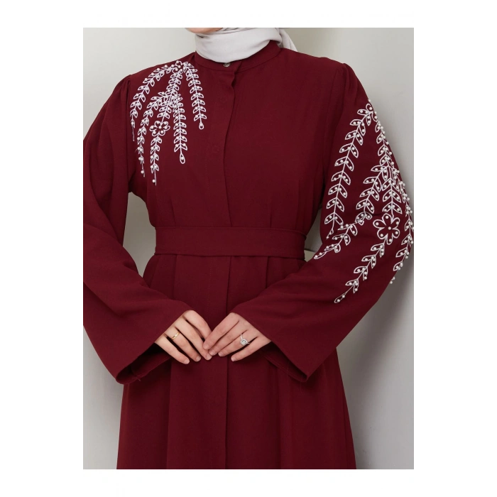 Taşli Abaya Tesettür Gıyım Kadın Ferace Elbıse Bordo