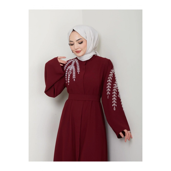 Taşli Abaya Tesettür Gıyım Kadın Ferace Elbıse Bordo