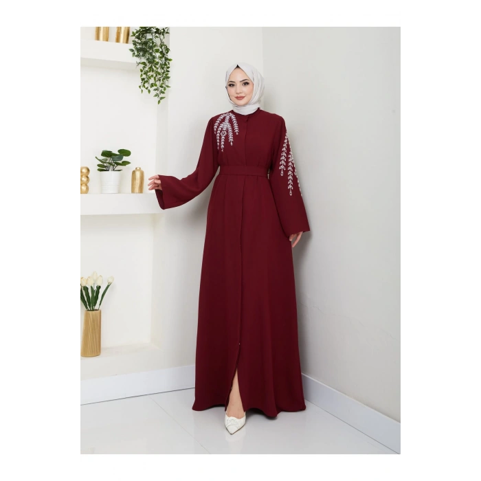 Taşli Abaya Tesettür Gıyım Kadın Ferace Elbıse Bordo