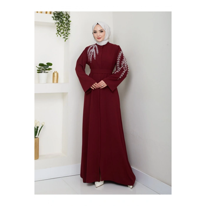 Taşli Abaya Tesettür Gıyım Kadın Ferace Elbıse Bordo