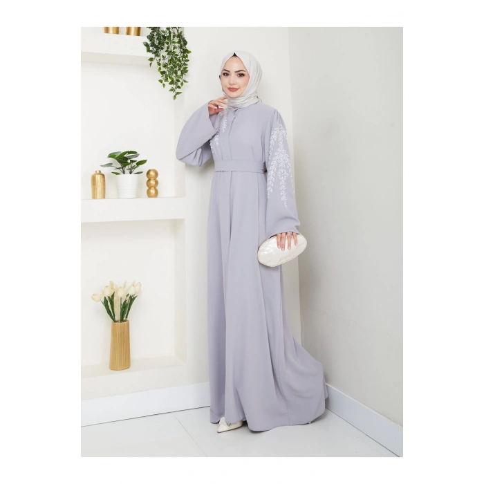 TAŞLİ ABAYA TESETTÜR GIYIM KADIN FERACE ELBISE GRİ