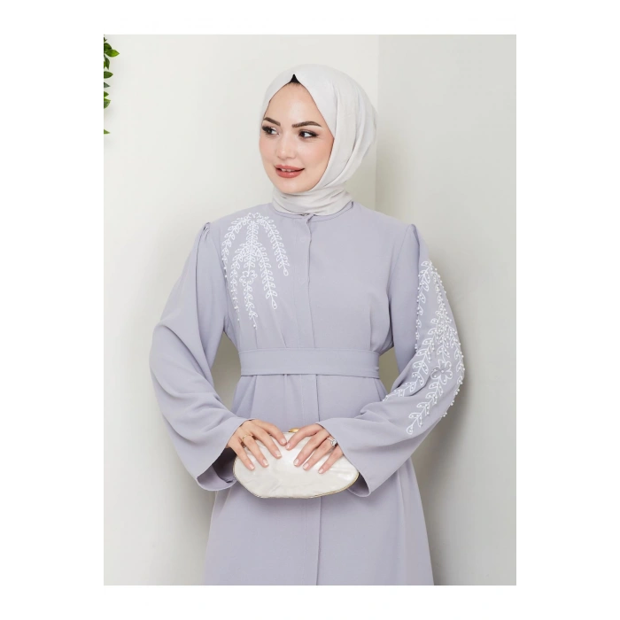 TAŞLİ ABAYA TESETTÜR GIYIM KADIN FERACE ELBISE GRİ