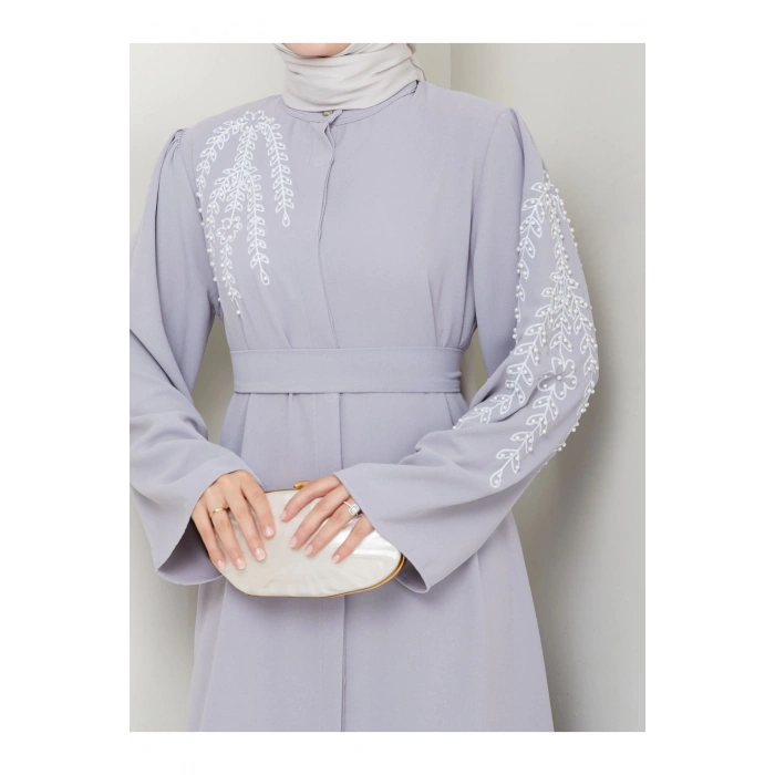 TAŞLİ ABAYA TESETTÜR GIYIM KADIN FERACE ELBISE GRİ