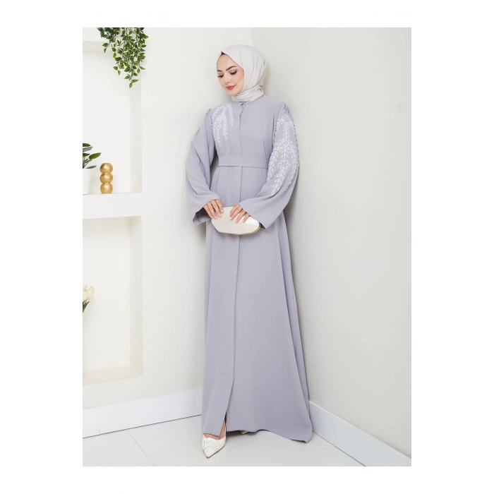 TAŞLİ ABAYA TESETTÜR GIYIM KADIN FERACE ELBISE GRİ