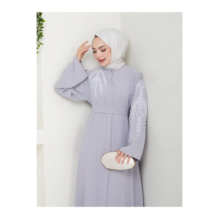 TAŞLİ ABAYA TESETTÜR GIYIM KADIN FERACE ELBISE GRİ