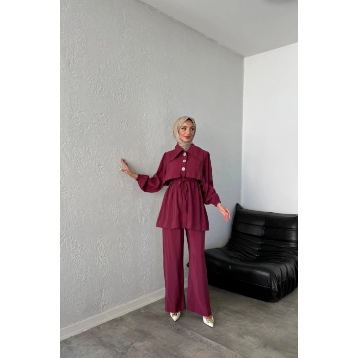BELİ BAĞCIKLI GENİŞ YAKA PANTOLONLU İKİLİ TAKIM