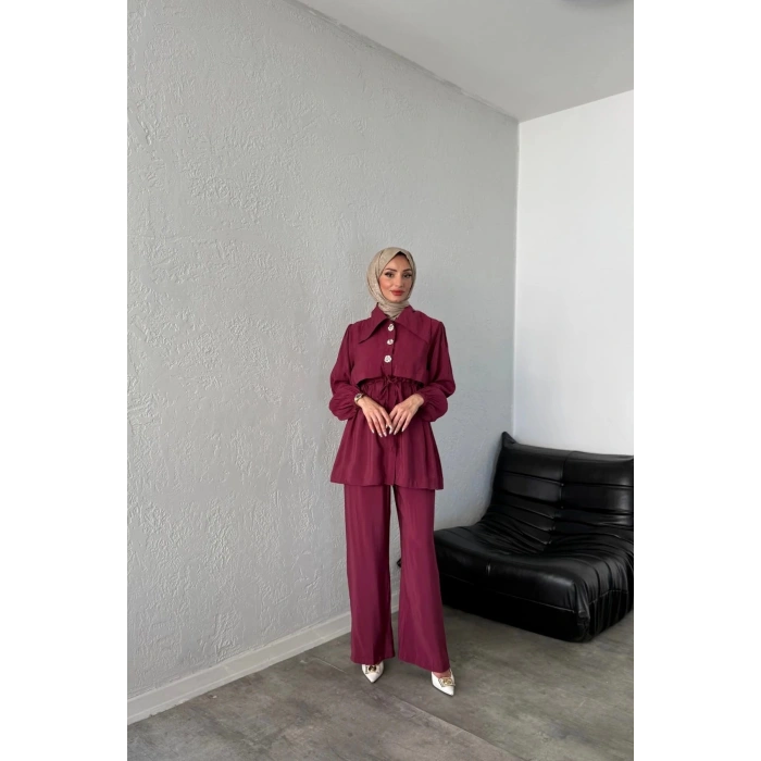 BELİ BAĞCIKLI GENİŞ YAKA PANTOLONLU İKİLİ TAKIM