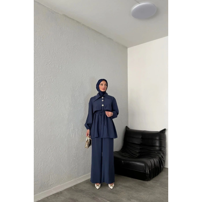 BELİ BAĞCIKLI GENİŞ YAKA PANTOLONLU İKİLİ TAKIM