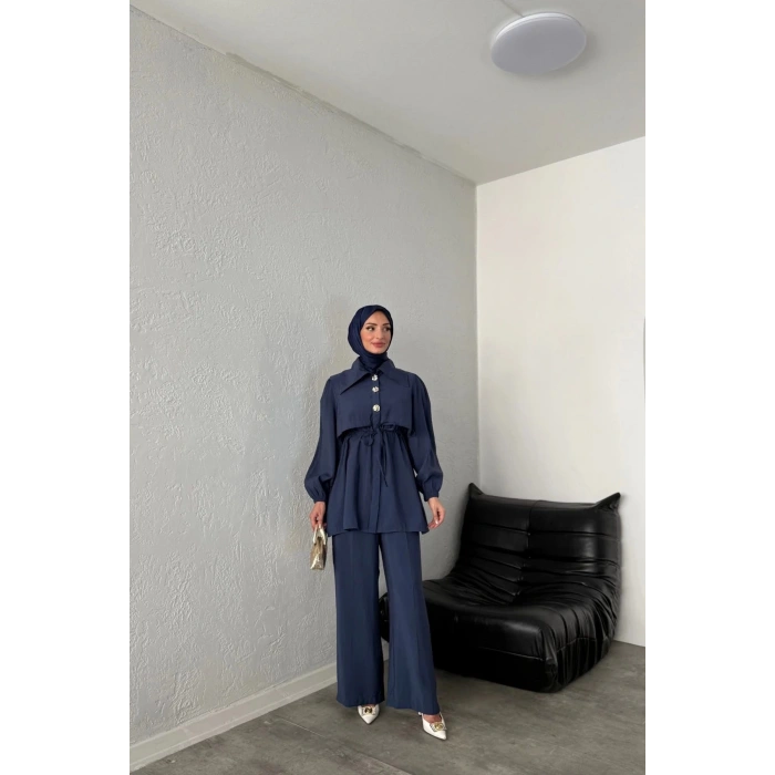 BELİ BAĞCIKLI GENİŞ YAKA PANTOLONLU İKİLİ TAKIM