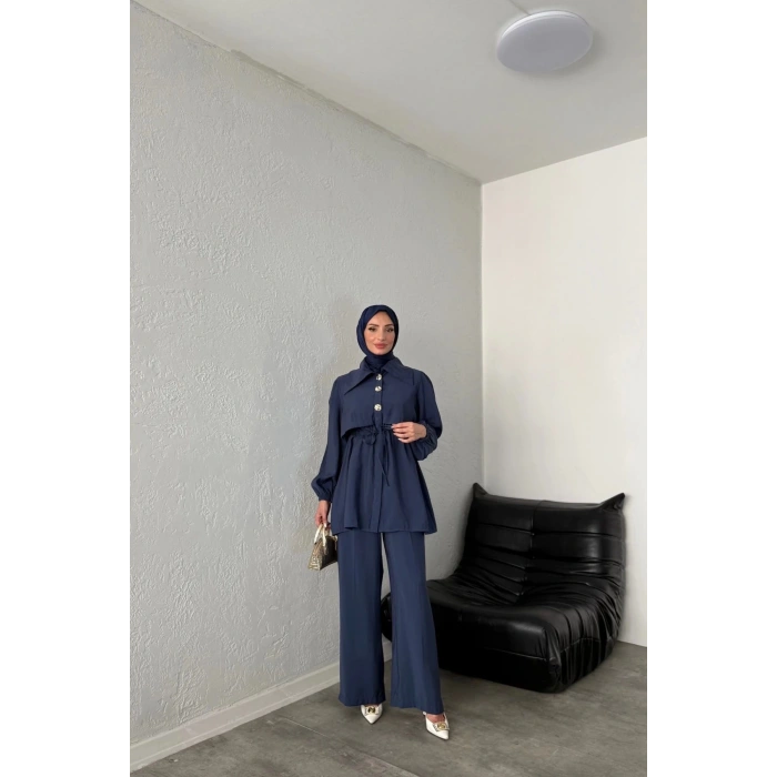 BELİ BAĞCIKLI GENİŞ YAKA PANTOLONLU İKİLİ TAKIM