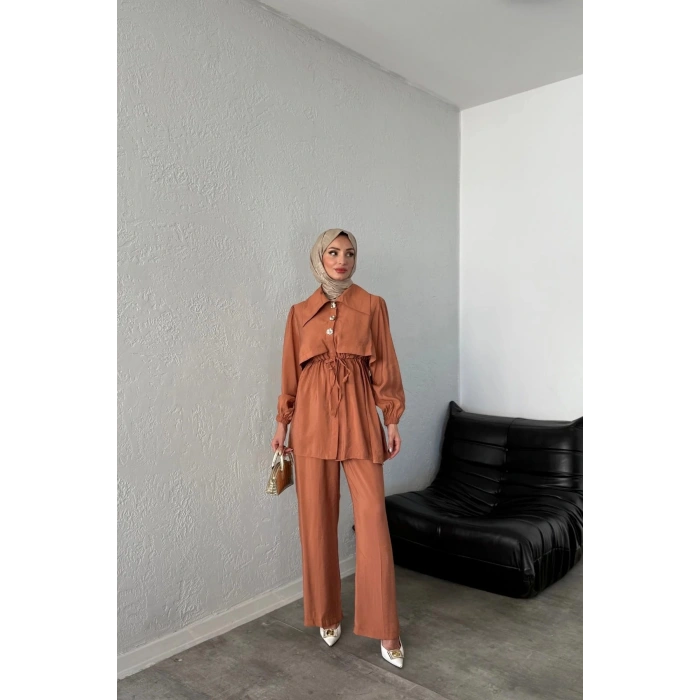 BELİ BAĞCIKLI GENİŞ YAKA PANTOLONLU İKİLİ TAKIM