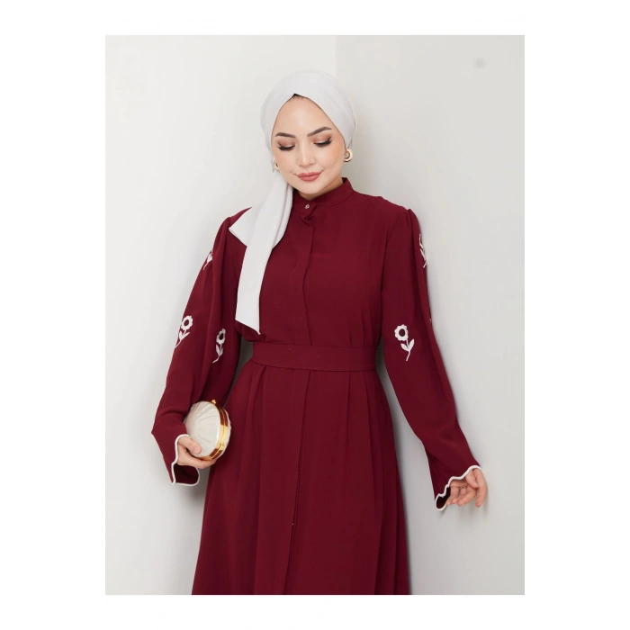 KOLU ÇİÇEK NAKIŞ DETAYLI TESETTÜR KADIN ABİYE ELBİSE BORDO