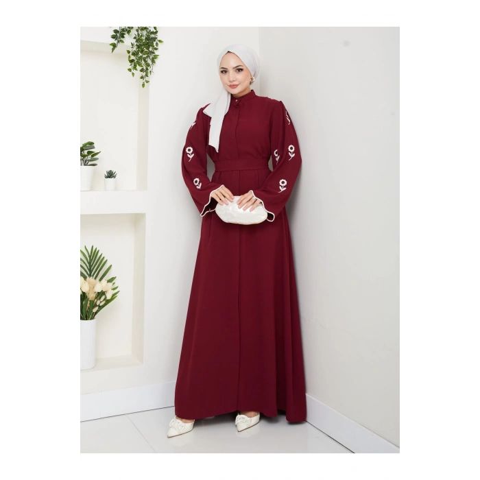 KOLU ÇİÇEK NAKIŞ DETAYLI TESETTÜR KADIN ABİYE ELBİSE BORDO