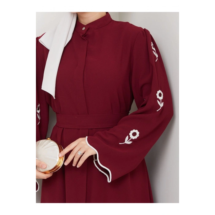 KOLU ÇİÇEK NAKIŞ DETAYLI TESETTÜR KADIN ABİYE ELBİSE BORDO