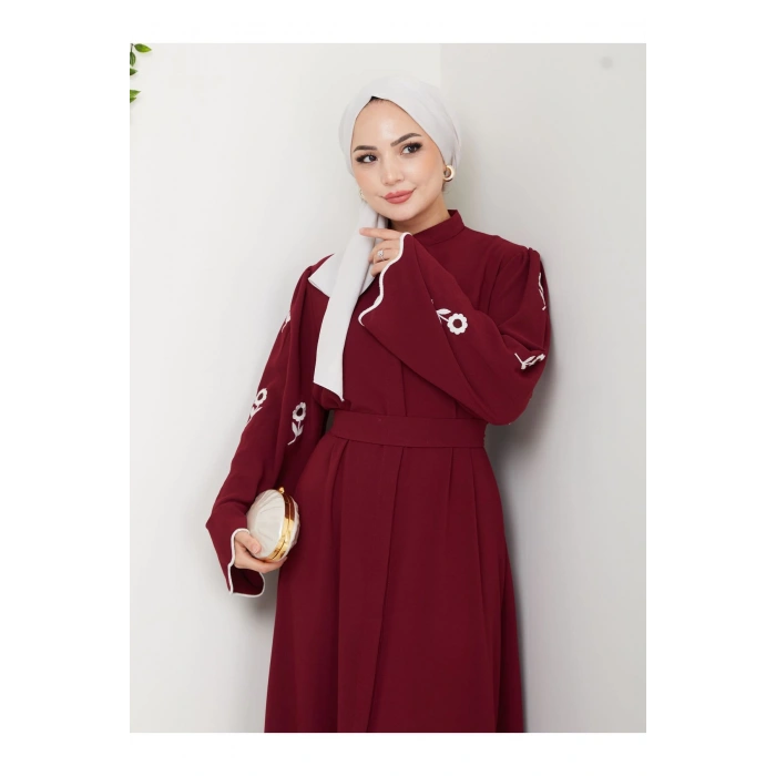 KOLU ÇİÇEK NAKIŞ DETAYLI TESETTÜR KADIN ABİYE ELBİSE BORDO