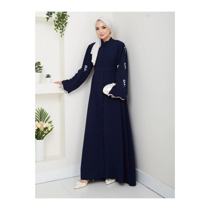 KOLU ÇİÇEK NAKIŞ DETAYLI TESETTÜR KADIN ABİYE ELBİSE LACİVERT