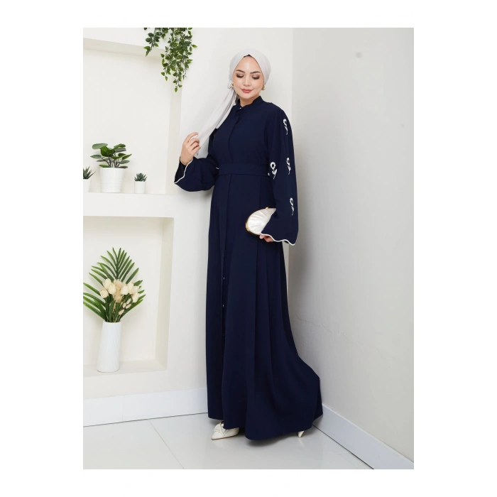 KOLU ÇİÇEK NAKIŞ DETAYLI TESETTÜR KADIN ABİYE ELBİSE LACİVERT