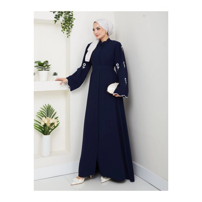 KOLU ÇİÇEK NAKIŞ DETAYLI TESETTÜR KADIN ABİYE ELBİSE LACİVERT