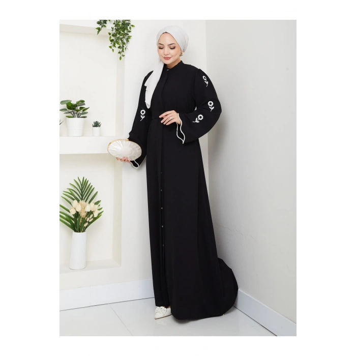 KOLU ÇİÇEK NAKIŞ DETAYLI TESETTÜR KADIN ABİYE ELBİSE SİYAH