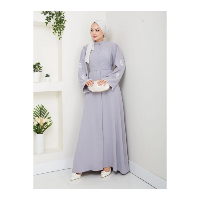 KOLU ÇİÇEK NAKIŞ DETAYLI TESETTÜR KADIN ABİYE ELBİSE GRİ