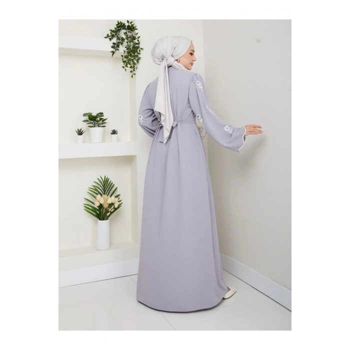 KOLU ÇİÇEK NAKIŞ DETAYLI TESETTÜR KADIN ABİYE ELBİSE GRİ