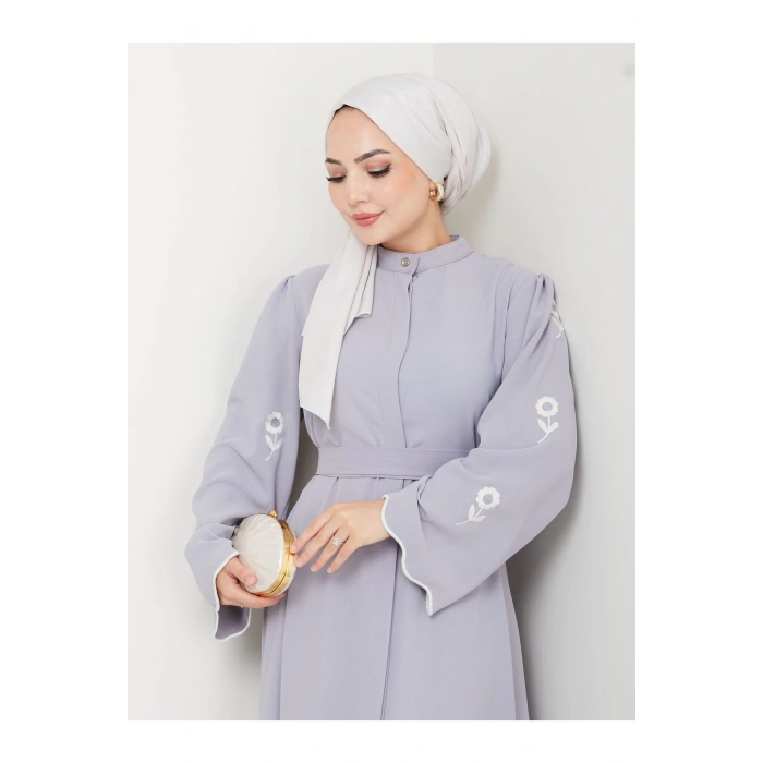 KOLU ÇİÇEK NAKIŞ DETAYLI TESETTÜR KADIN ABİYE ELBİSE GRİ