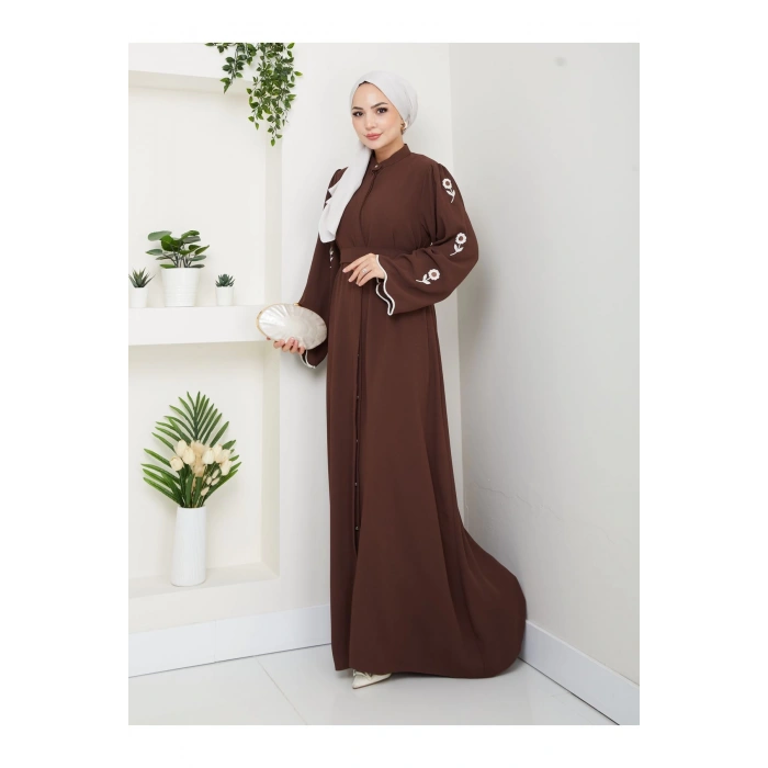 KOLU ÇİÇEK NAKIŞ DETAYLI TESETTÜR KADIN ABİYE ELBİSE KAHVE