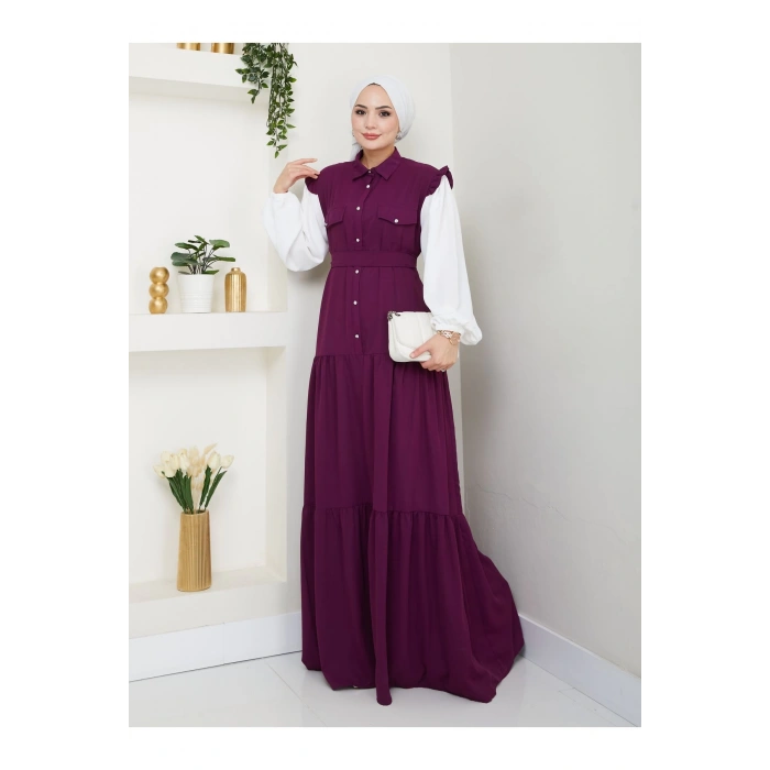 KOLU BEYAZ SALAŞ KADIN TESETTÜR ELBİSE