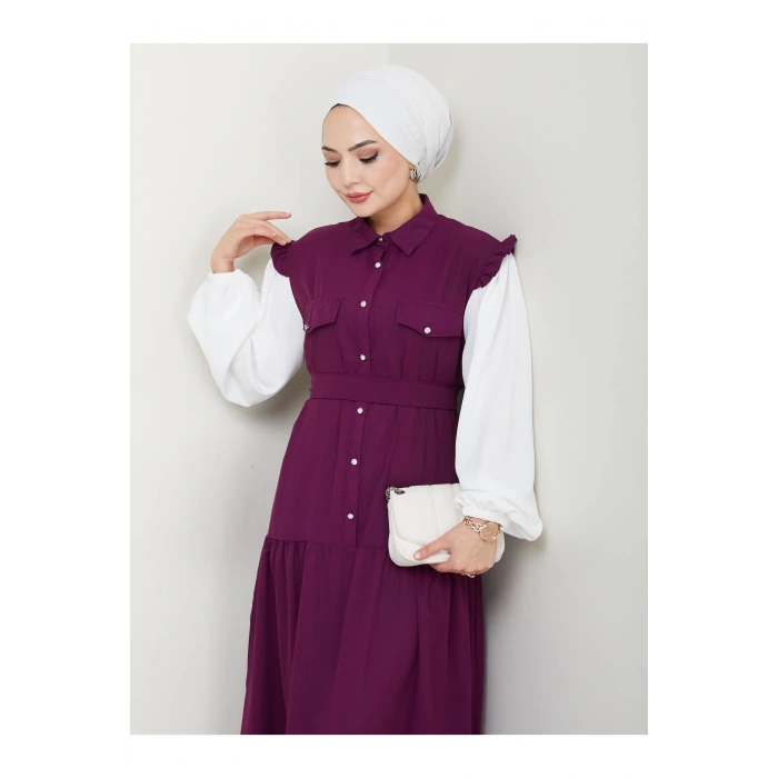 KOLU BEYAZ SALAŞ KADIN TESETTÜR ELBİSE