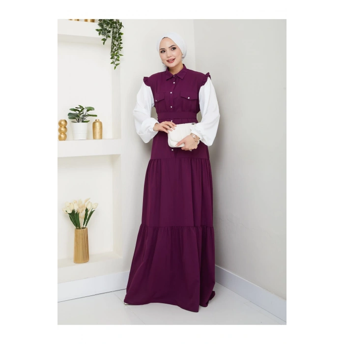 KOLU BEYAZ SALAŞ KADIN TESETTÜR ELBİSE