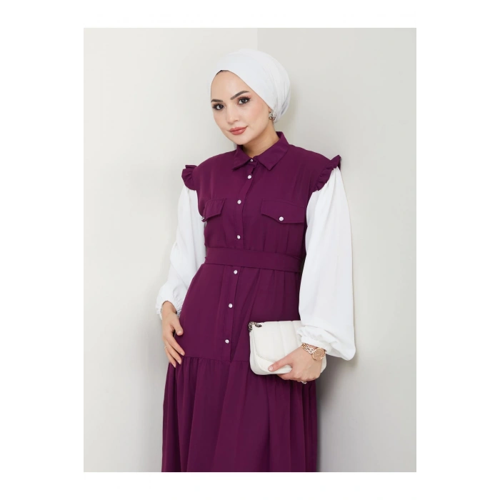 KOLU BEYAZ SALAŞ KADIN TESETTÜR ELBİSE