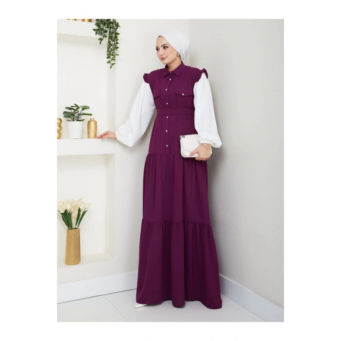 KOLU BEYAZ SALAŞ KADIN TESETTÜR ELBİSE