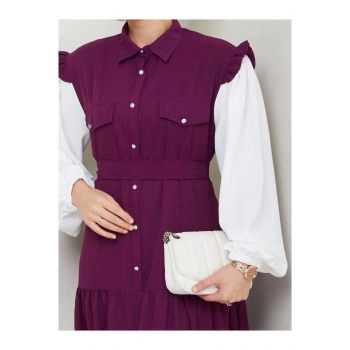 KOLU BEYAZ SALAŞ KADIN TESETTÜR ELBİSE