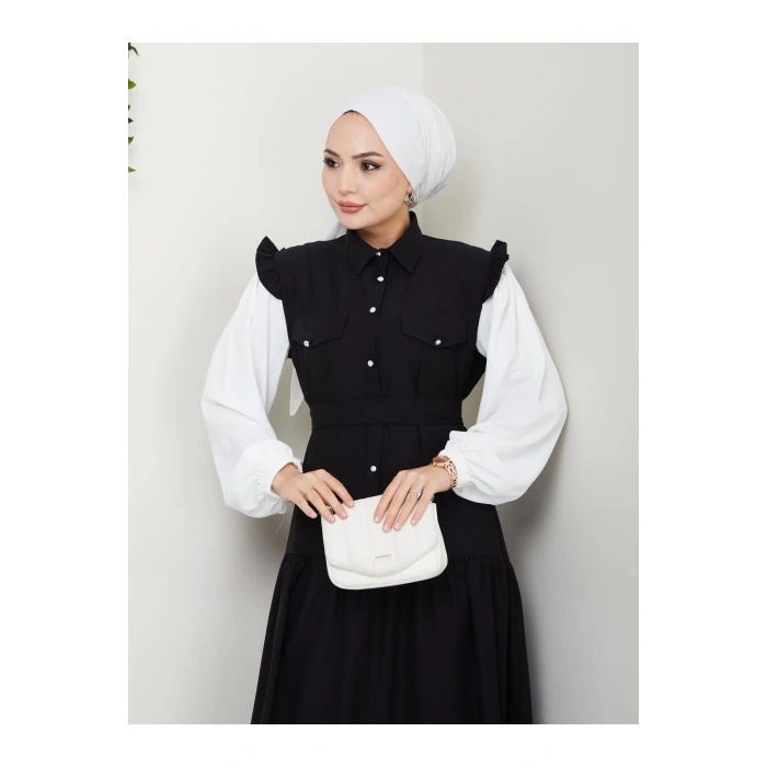 KOLU BEYAZ SALAŞ KADIN TESETTÜR ELBİSE