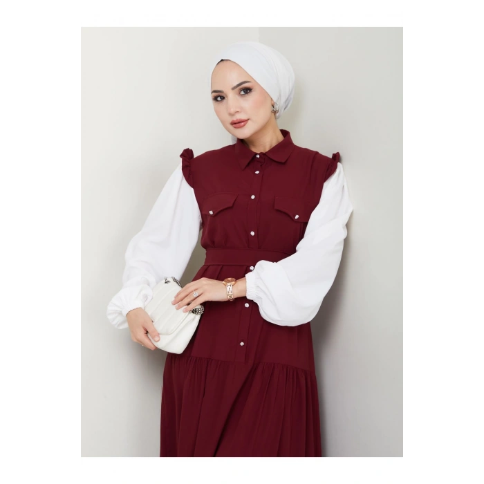 KOLU BEYAZ SALAŞ KADIN TESETTÜR ELBİSE