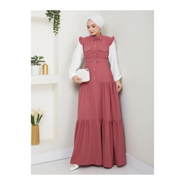 KOLU BEYAZ SALAŞ KADIN TESETTÜR ELBİSE