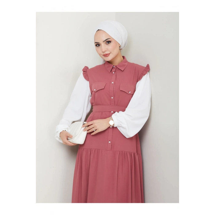 KOLU BEYAZ SALAŞ KADIN TESETTÜR ELBİSE