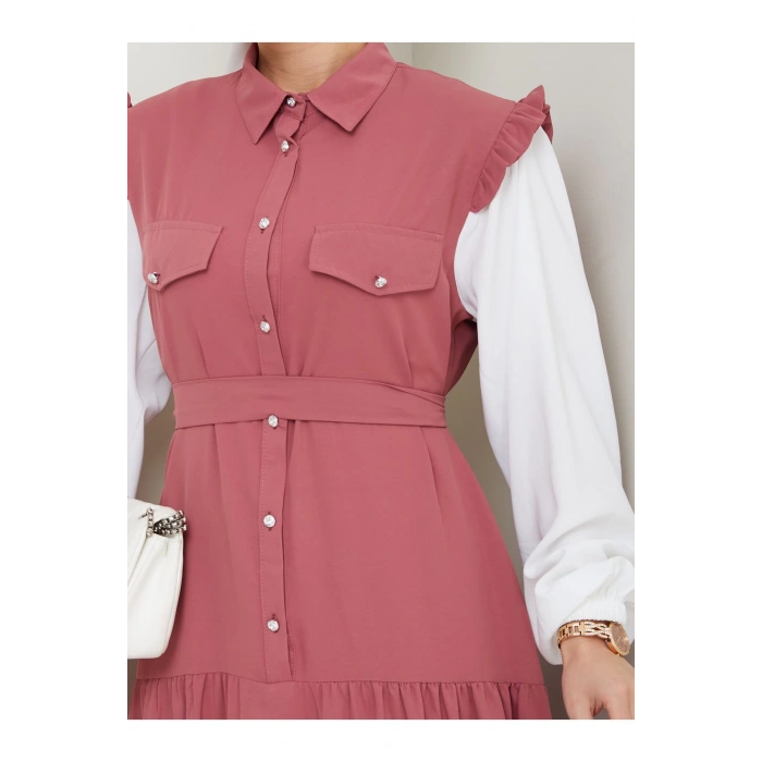 KOLU BEYAZ SALAŞ KADIN TESETTÜR ELBİSE