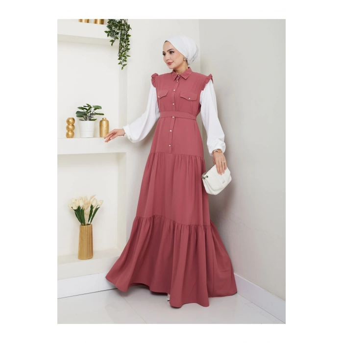 KOLU BEYAZ SALAŞ KADIN TESETTÜR ELBİSE