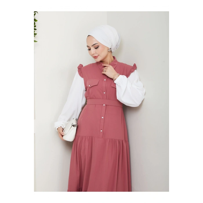 KOLU BEYAZ SALAŞ KADIN TESETTÜR ELBİSE