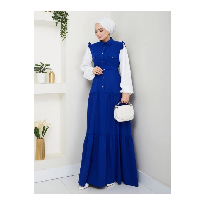 KOLU BEYAZ SALAŞ KADIN TESETTÜR ELBİSE