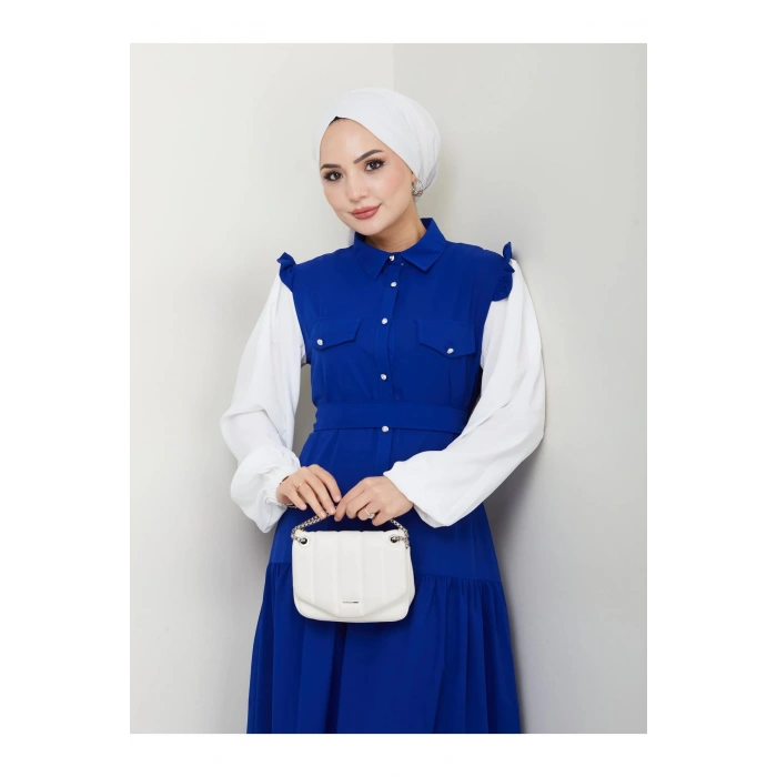 KOLU BEYAZ SALAŞ KADIN TESETTÜR ELBİSE