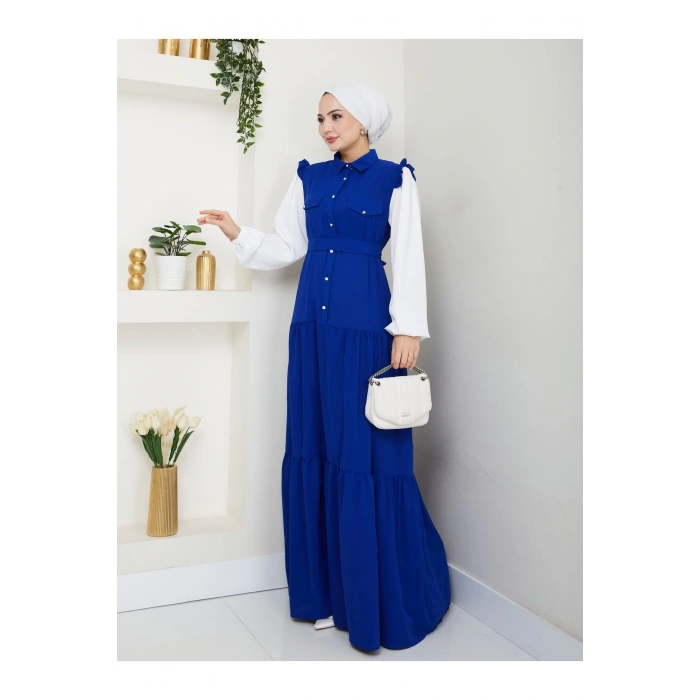 KOLU BEYAZ SALAŞ KADIN TESETTÜR ELBİSE