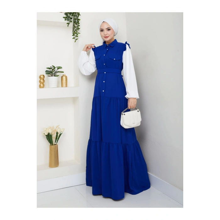 KOLU BEYAZ SALAŞ KADIN TESETTÜR ELBİSE