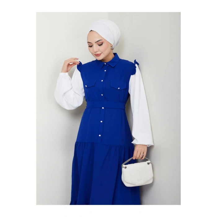 KOLU BEYAZ SALAŞ KADIN TESETTÜR ELBİSE