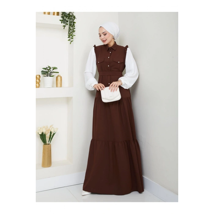 KOLU BEYAZ SALAŞ KADIN TESETTÜR ELBİSE