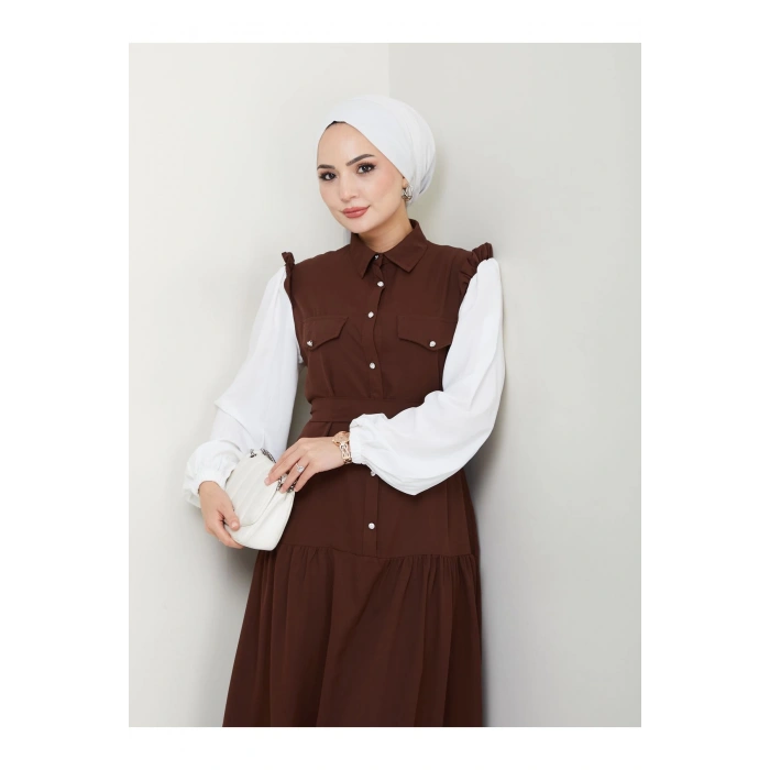 KOLU BEYAZ SALAŞ KADIN TESETTÜR ELBİSE