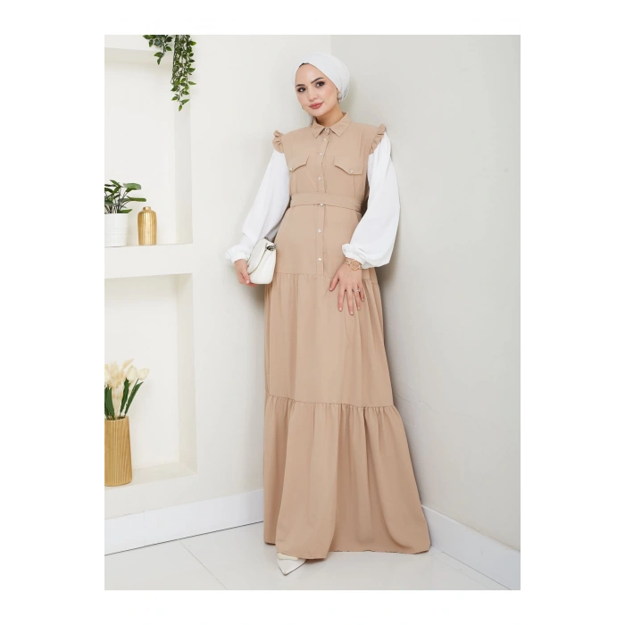 KOLU BEYAZ SALAŞ KADIN TESETTÜR ELBİSE