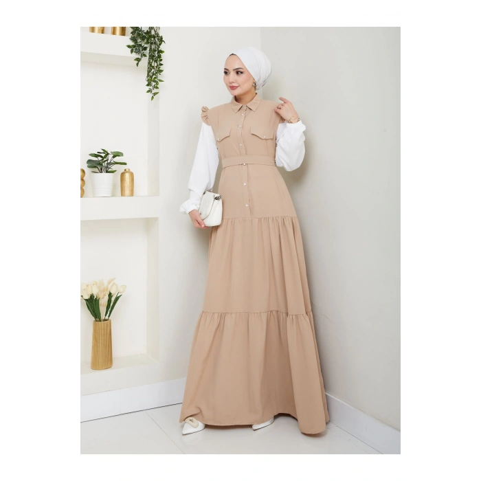 KOLU BEYAZ SALAŞ KADIN TESETTÜR ELBİSE