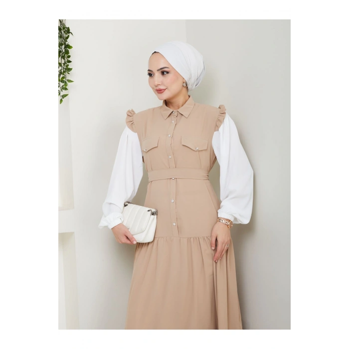 KOLU BEYAZ SALAŞ KADIN TESETTÜR ELBİSE